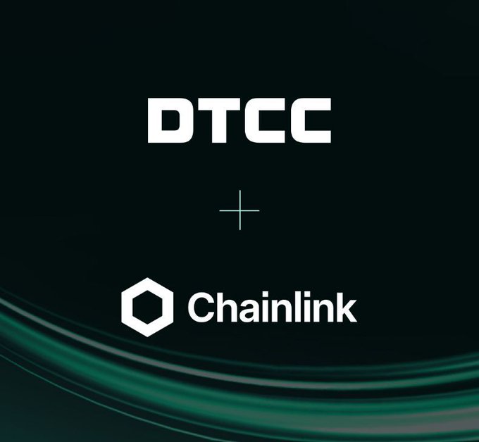 A black graphic announcing a partnership between DTCC and Chainlink with their respective logos displayed.