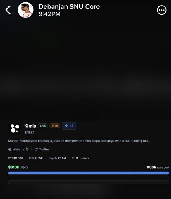 A screenshot of a WhatsApp status from "Debanjan SNU Core" posted at 9:42 PM, featuring a promotional card for **$KIMIA (Kimia Protocol)** — a market-neutral yield platform on Solana, showing ICO at $0.006, $318K raised (530% of $60K goal), and 25.8M supply, aligning with the post's excitement about friends profiting from crypto investments.