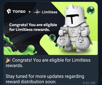 The image shows a black background with a white cartoon character holding two bags of money, surrounded by green bubbles. The text "Congratulations! You are eligble for Limitless rewards." indicates that the character has won a reward or prize, possibly related to a game or contest. The post also mentions that there is more content coming soon and encourages users to share it with their friends.