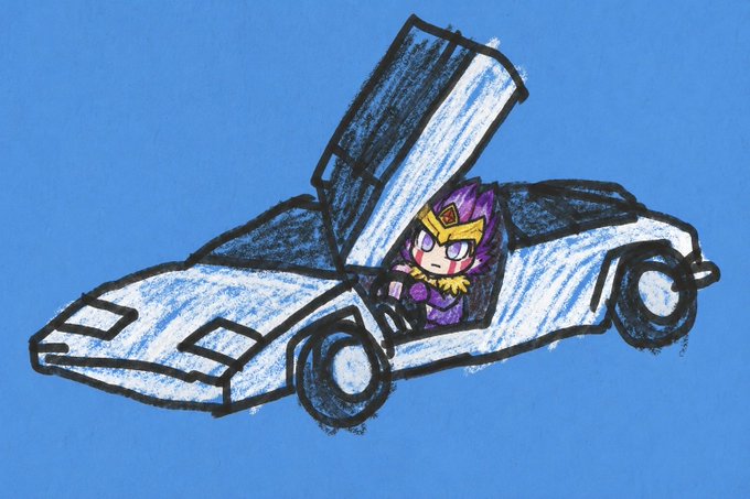 A digital sketch in blue tones depicting a character with purple hair and a golden crown sitting inside a futuristic white car with open gull-wing doors.