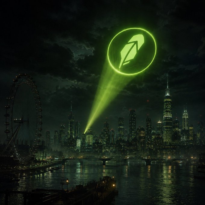 A dark, cinematic cityscape at night features a glowing green feather logo projected into the sky like a beacon over a lit-up skyline with a Ferris wheel on the left and a river running through the foreground. The feather symbol connects to the post's reference to "Robinhood," framing the message as a bold call to back your own conviction with the promise of transformative wealth.