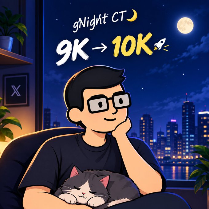 A cartoon-style illustration features a person with glasses holding a sleeping cat in front of a nighttime city skyline, with the text "gNight CT 🌙" and "9K → 10K 🚀" floating above.
