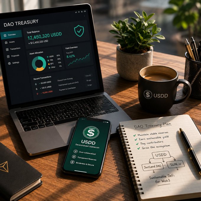 A laptop displays a "DAO Treasury" dashboard with a total balance of 12,450,320 USDD (≈$12,450,320 USD) and an 8.42% APY, alongside a USDD-branded coffee mug, a smartphone showing the USDD app, and a notebook outlining a "DAO Treasury Plan" highlighting stable reserves and sustainable yield—visually reinforcing the message that USDD provides the stable, transparent foundation needed for resilient DAO capital management.