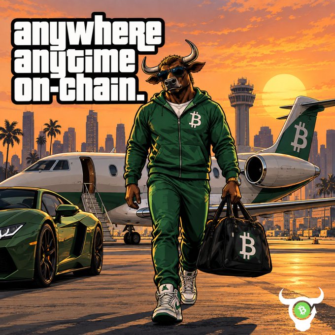 A promotional crypto illustration of an anthropomorphic bull in sunglasses and a green tracksuit with a Bitcoin logo, walking with a duffel bag toward the viewer, accompanied by the text 'anywhere anytime on-chain' and a Lamborghini and private jet in the background.