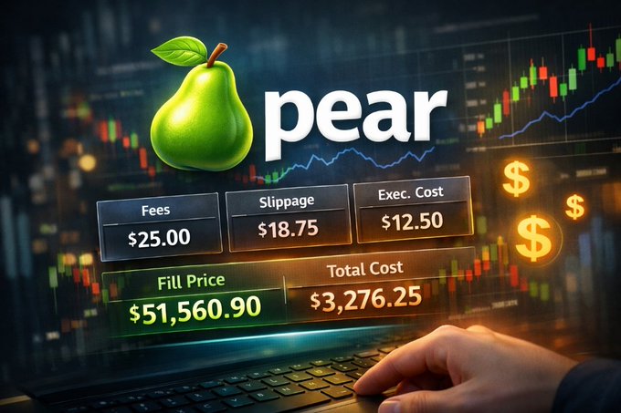 A digital graphic featuring a green pear logo with the word 'pear' displayed alongside a stock chart and cost breakdown (Fees $25.00, Slippage $18.75, Exec. Cost $12.50, Fill Price $51,560.90, Total Cost $3,276.25).