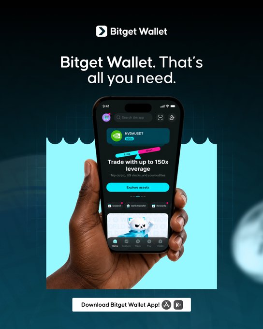 A hand holds a smartphone displaying the Bitget Wallet app, which advertises "Trade with up to 150x leverage" on top cryptos, US stocks, and commodities, along with features for deposit, bank transfer, and rewards. The ad reinforces the post's message of convenience, promoting Bitget Wallet as an all-in-one solution for managing crypto, transferring funds, and buying airtime or in-game tokens.