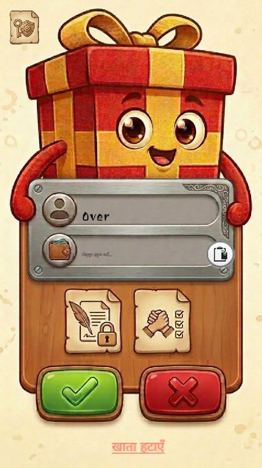 The image features a cartoon character holding a gift box with a message that reads "Over" written on it. The scene also includes a game interface, which appears to be a mobile app or website for a game called "Solana". The text in the image is in Hindi and translates to "Every pixel matters. We just refactored the Sanctuary UI to provide a premium experience for our global community."