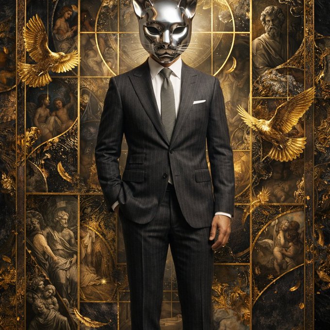 A surreal digital artwork portrays a figure in a sharp dark pinstripe suit and tie, whose head is replaced by a metallic silver cat mask, standing against an ornate golden background adorned with classical statues and two golden eagle figures.