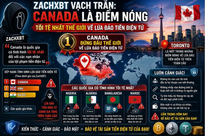 A Vietnamese-language infographic titled 'ZACHXBT VẠCH TRẦN: CANADA LÀ ĐIỂM NÓNG' exposing Canada as the world's leading hotspot for crypto fraud, featuring the Canadian flag and Toronto skyline.