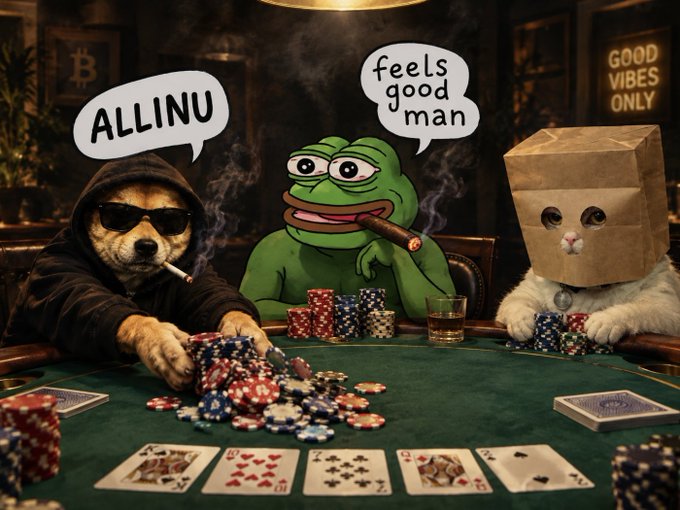 An AI-generated meme showing a dog in a hoodie with sunglasses, the Pepe the Frog character smoking a cigar, and a cat with a paper bag on its head playing poker at a table with gambling chips.
