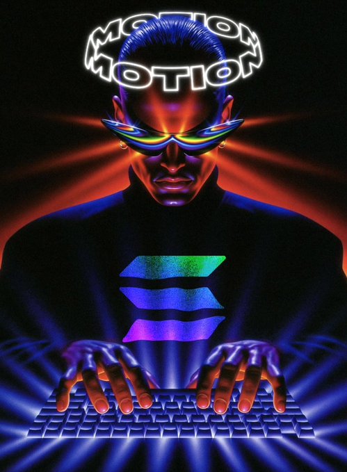 A vibrant, retro-styled digital illustration titled 'MOTION MOTION' features a person with slicked-back hair and reflective sunglasses typing on a glowing keyboard with neon lighting.