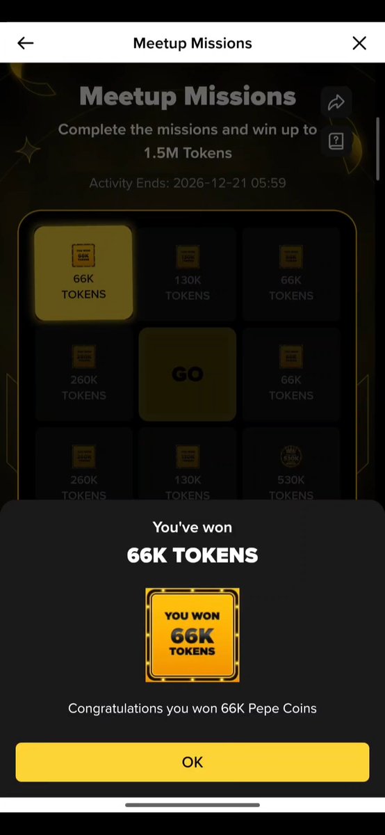 A mobile app screen for "Meetup Missions" shows a grid of token rewards (66K, 130K, 260K, 530K TOKENS) with a popup declaring "You've won 66K TOKENS" and "Congratulations you won 66K Pepe Coins."
