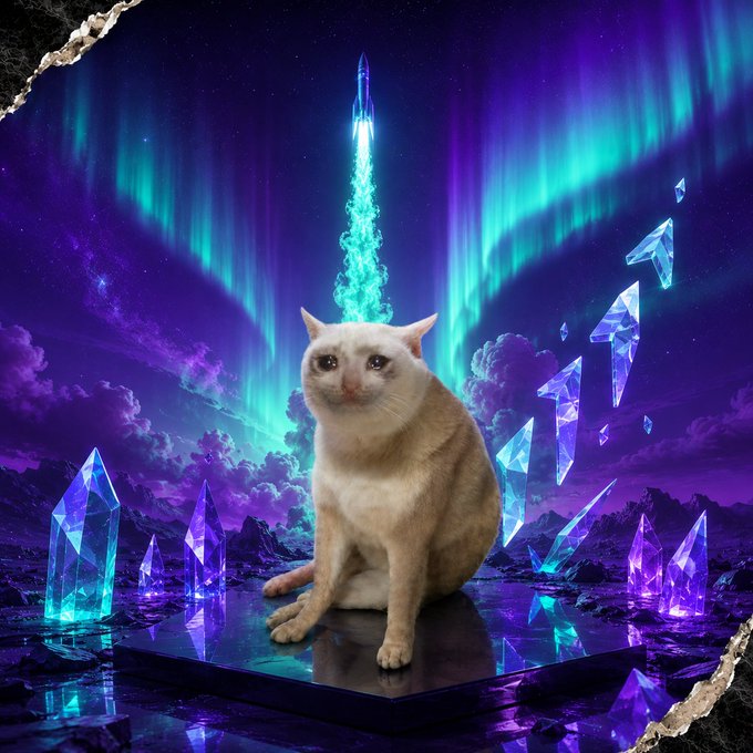 A digital artwork of a white cat sitting on a platform surrounded by glowing purple and blue crystals with a rocket launch and aurora borealis in the background.