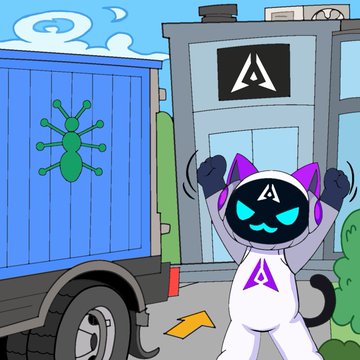 A cartoon character wearing purple headphones and an 'A' logo outfit standing in front of a truck with a green beetle/bug logo.