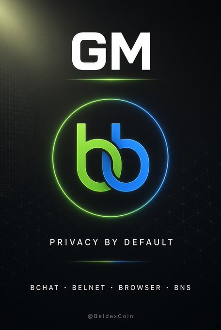 A promotional graphic for BeldexCoin featuring a neon green and blue interlocking 'bb' logo with the text 'GM', 'PRIVACY BY DEFAULT', and 'BCHAT · BELNET · BROWSER · BNS' at the bottom.