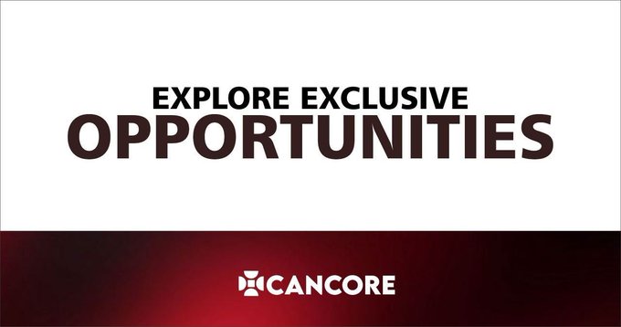 The image displays a promotional graphic with bold text reading "EXPLORE EXCLUSIVE OPPORTUNITIES" above the Cancore logo (cancore_io) on a white and red background. It serves as a call-to-action banner complementing the post's message about Cancore's mission to bridge institutional tokenized assets with public chain liquidity.