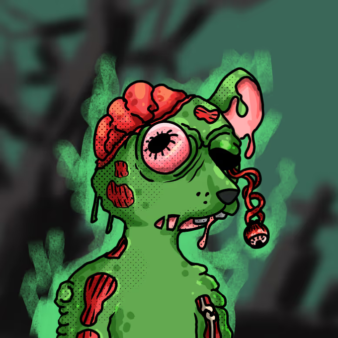 A grotesque cartoon zombie-rat with bulging bloodshot eyes, exposed brains, and exposed muscle tissue stands against a gloomy green background. The decaying, poisoned creature visually emphasizes the post's joke about rat poison failing to work, implying the rodent has been so contaminated it has risen from the dead.