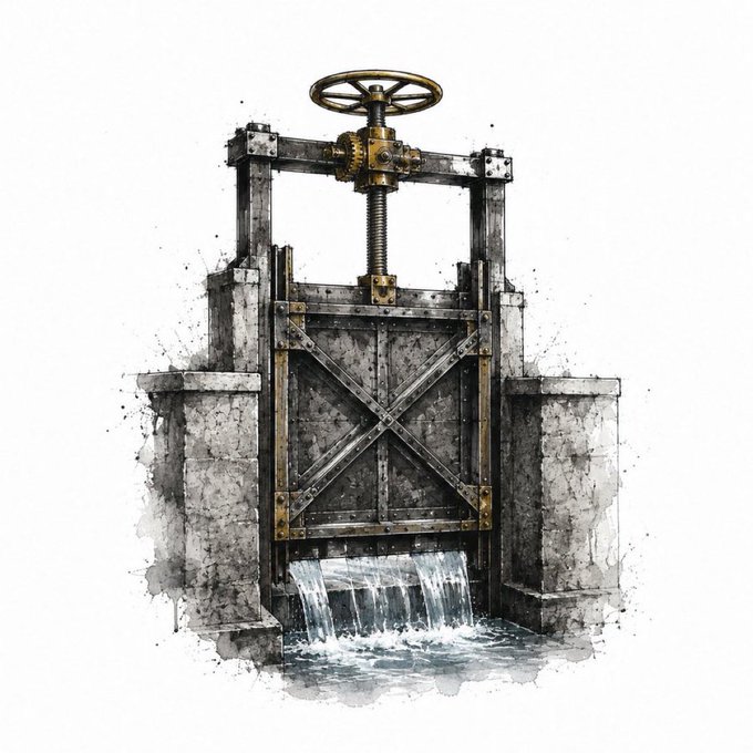A watercolor-style illustration depicts an old, weathered sluice gate with a large brass wheel mechanism on top, releasing water that flows out at the base between stone pillars.