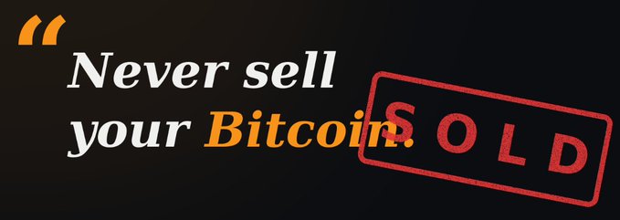 The image features the quote "Never sell your Bitcoin" in white and orange text on a black background, stamped with a red "SOLD" mark overlaying the word "Bitcoin." This visual irony contradicts the post's message, illustrating Michael Saylor's repeated public insistence on never selling Bitcoin despite his actual selling activity, as referenced in Rule 20 of his "21 Rules of Bitcoin."