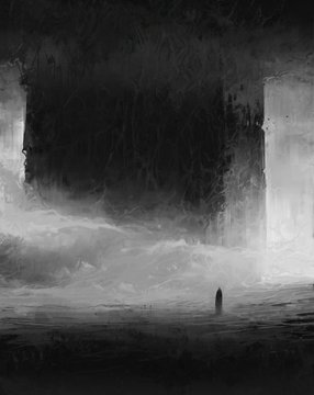 The image features a black and white painting of a man standing alone in front of a large, dark structure with multiple levels or columns. The man appears to be looking up at the sky above him. The painting has an abstract style that gives it a sense of depth and dimension. The artist's signature is visible on the bottom right corner of the image.