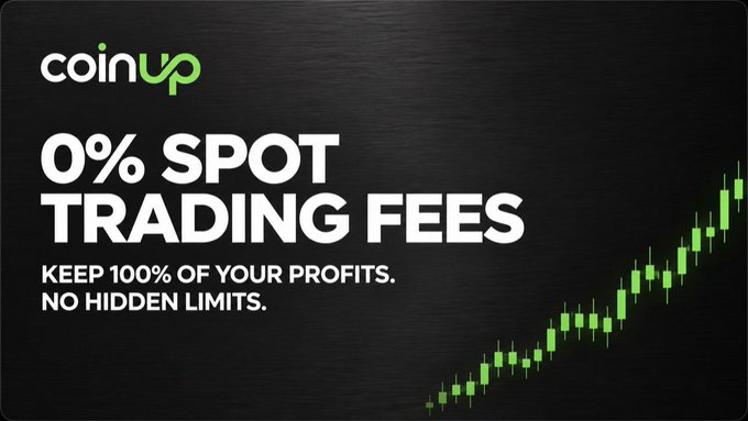 An advertisement for 'coinup' promoting '0% SPOT TRADING FEES' with the text 'KEEP 100% OF YOUR PROFITS. NO HIDDEN LIMITS' displayed over an upward-trending green candlestick chart.