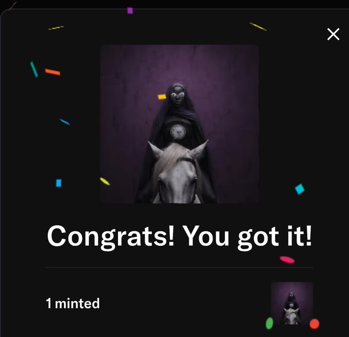A digital NFT confirmation screen reading 'Congrats! You got it!' and '1 minted', showing an artwork of a hooded figure with a clock face riding a white horse.