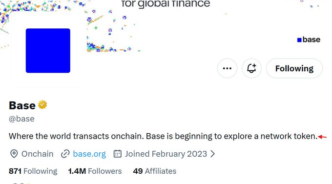 The image shows the Twitter/X profile page of Base (@base), displaying its verified account bio "Where the world transacts onchain. Base is beginning to explore a network token," along with stats of 1.4M followers, 871 following, and a join date of February 2023. The post's mention of "$BASE" relates directly to Base's announcement about exploring a network token, suggesting growing anticipation for the token's launch.