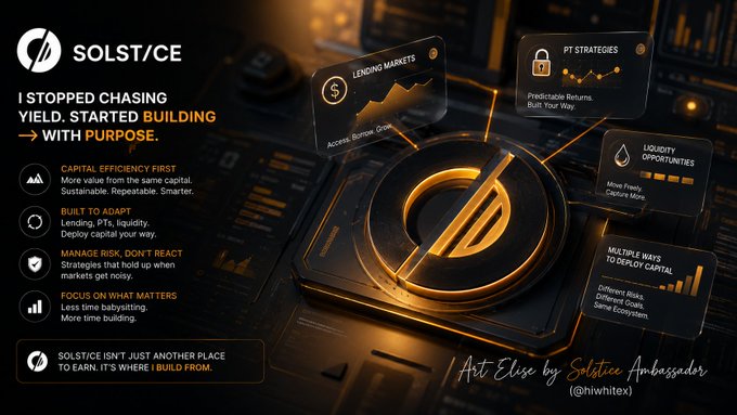 A dark-themed promotional graphic for "SOLST/CE" featuring a glowing orange circular emblem surrounded by floating UI panels labeled "LENDING MARKETS," "PT STRATEGIES," and "LIQUIDITY OPPORTUNITIES," alongside bullet points such as "CAPITAL EFFICIENCY FIRST," "BUILT TO ADAPT," and "MANAGE RISK, DON'T REACT." The headline "I STOPPED CHASING YIELD. STARTED BUILDING WITH PURPOSE." ties directly to the post's message about moving beyond APY-chasing to a more intentional approach to deploying capital on Solstice.