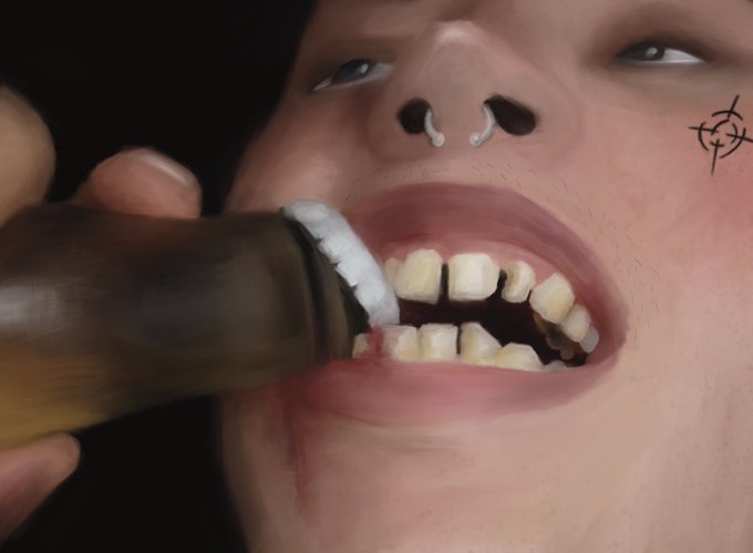 The image shows a person's face with their teeth, mouth open wide as if they are about to bite into something or say something. The person has a nose ring and appears to be in a dark room. There is also an object that looks like a beer bottle on the left side of the photo. The post seems to be related to a game or event involving the auction of items, with the phrase "one more bad idea" suggesting that there might be something undesirable happening.