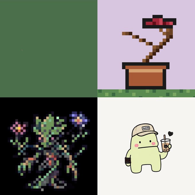 A four-panel collage featuring a solid green square, a pixel art Piranha Plant, a pixel art floral arrangement, and a cute character in a 'MOOD' cap drinking boba.