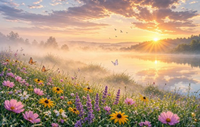 A misty sunrise over a tranquil lake with wildflowers, butterflies, and birds in flight, capturing a fresh and radiant morning perfect for greeting loved ones and starting a new, vibrant day filled with connection and new achievements.