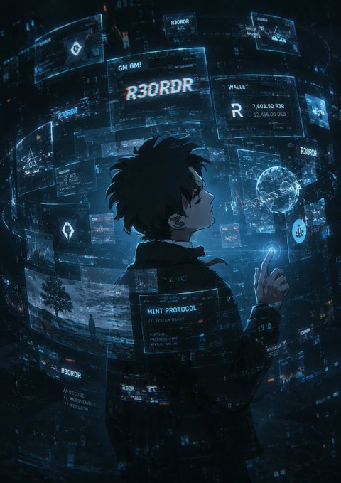 An anime-style illustration of a young person surrounded by floating holographic screens displaying crypto elements including 'R3ORDR', 'GM GM!', a wallet showing 7,603.50 R3R, and 'MINT PROTOCOL'.