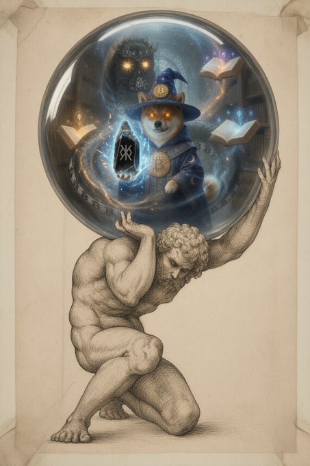 A surreal digital illustration depicts a muscular, classical-style figure holding a glowing crystal ball containing a wizard Shiba Inu wearing a Bitcoin-branded hat. The artwork visually represents the provided text's themes of "initiating $DOG mode" and "stacking sats" through mystical imagery.