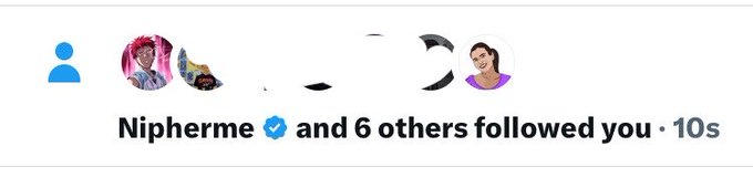 A notification showing that "Nipherme" (verified) and 6 others followed the user, fitting the post's excitement about gaining new followers to start the week.