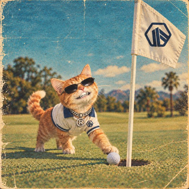 A vintage-style, slightly worn photograph shows a smiling orange tabby kitten wearing black sunglasses, a white polo shirt, and a chunky gold chain with an 'R' pendant, posing next to a golf flag with a stylized logo on a sunny golf course.