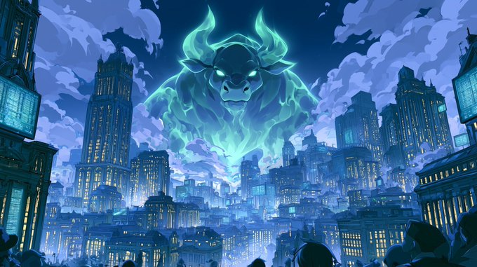 A digital illustration of a glowing blue-green spectral bull looming over a nighttime city skyline with lit skyscrapers.