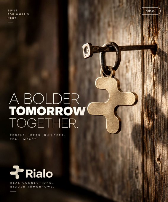 A promotional advertisement for 'Rialo' featuring a key-shaped pendant hanging on a wooden door with the tagline 'A BOLDER TOMORROW TOGETHER.'