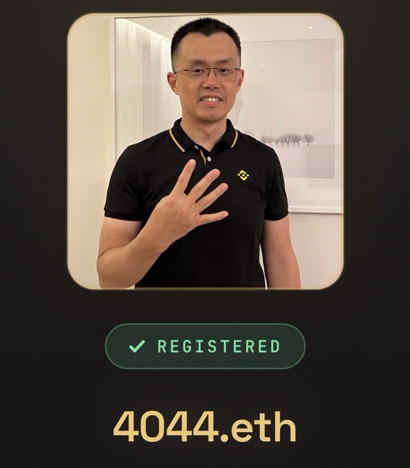 A profile image of a man in a black polo shirt holding up four fingers, displayed on a card labeled "REGISTERED" with "4044.eth" below it, suggesting an Ethereum ENS domain registration.