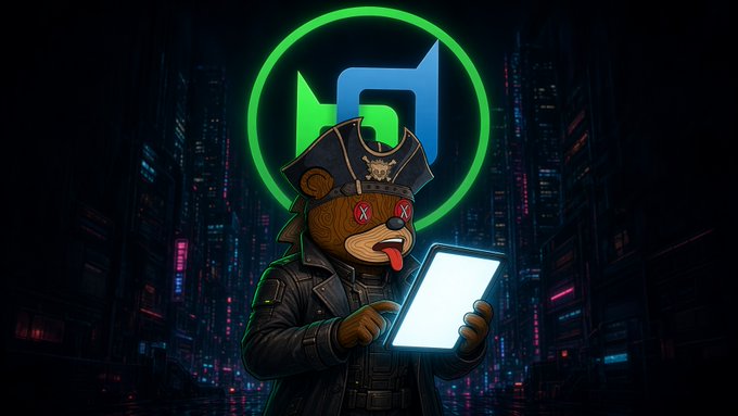 A cartoon bear character dressed as a pirate with 'X' eyes and a tongue sticking out, holding a glowing tablet in a cyberpunk city setting with a green and blue logo behind it.