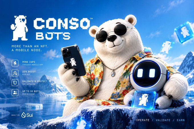 A promotional image for "CONSO BOTS" features a sunglasses-wearing polar bear in a floral shirt holding a smartphone with the app, alongside a small robot character, set against an icy mountain backdrop. Key text highlights features like "MINE ZAPS THROUGH MOBILE APP," "25% BOOST PER BOT," and "UP TO 10 BOTS PER ACCOUNT," with the project "BUILT ON Sui" and tagline "OPERATE / VALIDATE / EARN" — visually reinforcing the post's description of CONSO BOTS as a 5,555-collection agentic collectible designed to function as a Mobile Node for the CONSO Network.