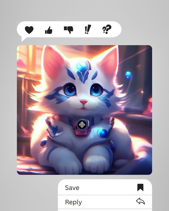 An adorable AI-generated illustration of a white fantasy cat with blue markings and glowing eyes, displayed in a social media reaction interface with Save and Reply options.