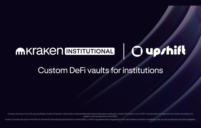 Announcement graphic for Kraken Institutional and Upshift partnership offering 'Custom DeFi vaults for institutions', with regulatory disclaimers for US and EEA custody services.