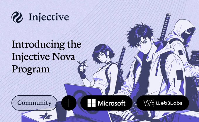 The image features an advertisement for a new program called "Injective" that was just launched. The poster includes three cartoon characters representing Microsoft, Web3Labs, and Injective. The characters are standing next to each other with laptops in their hands, suggesting they might be participating in the program or have been involved in its development. The text on the poster reads "Introducing the Injective Nova Program", indicating that this is a new program for developers to follow.