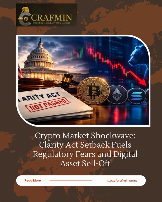 A CRAFMIN article titled 'Crypto Market Shockwave: Clarity Act Setback Fuels Regulatory Fears and Digital Asset Sell-Off' featuring an image of the US Capitol and a stamp marked 'CLARITY ACT NOT PASSED'.