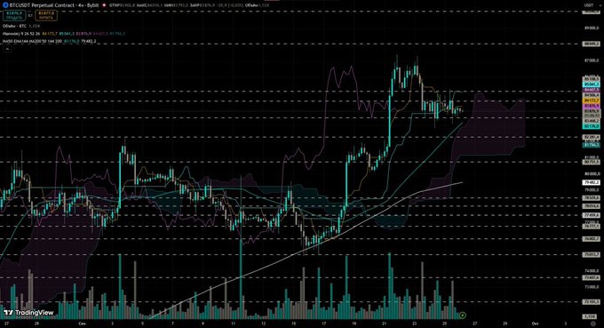 A TradingView chart of BTCUSD Perpetual Contract on Bybit shows Bitcoin's price action consolidating between approximately $83,460 and $84,500, with the asset holding above the key $80,000 support level as indicated by the horizontal dashed lines marking critical price zones across the recent trading period.