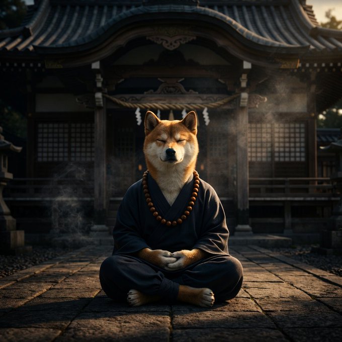 A Shiba Inu dog dressed in black monk robes with a beaded necklace sits in a meditative pose with closed eyes in front of a traditional Japanese shrine.