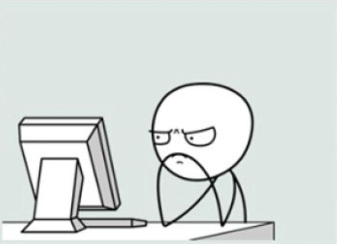 A stick figure sits at a computer with an annoyed, grumpy expression, looking displeased at the screen. The image pairs with a post criticizing how invasive internet privacy practices have become normalized, while promoting BeldexCoin as a privacy-focused alternative.