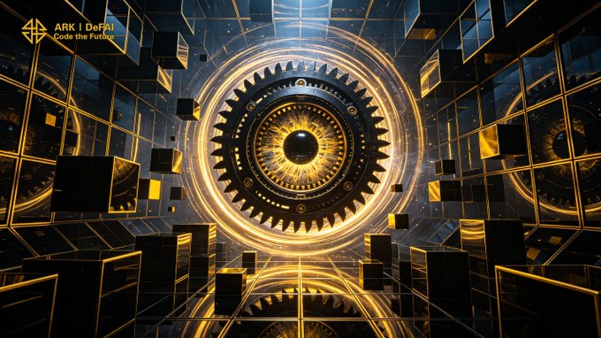 A futuristic, mechanical eye composed of glowing golden gears and floating dark geometric cubes stares outward from a reflective, grid-like chamber, with the "ARK | DeFAI — Code the Future" logo displayed in the upper left corner.

The image visually reinforces the post's message by presenting AI not as a simple question-answering tool, but as a powerful, all-seeing "machine" — symbolizing Arkie AI's vision of intelligent agents that can perceive, reason, and take action.