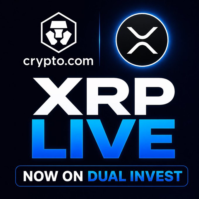 A promotional graphic for crypto.com featuring the logos of crypto.com and XRP, with text reading 'XRP LIVE' and 'NOW ON DUAL INVEST'.