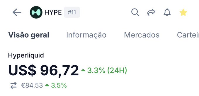 A screenshot of a cryptocurrency tracker app showing "HYPE #11" token "Hyperliquid" at "US$ 96,72" with a 3.3% increase in 24 hours (€84.53).